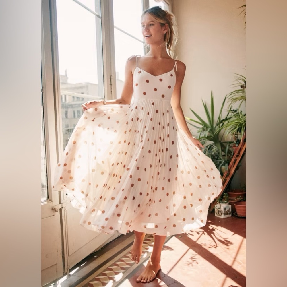 Sézane Nissa Dress in Ecru / Moca Polka Dots Size 14 / EU 46